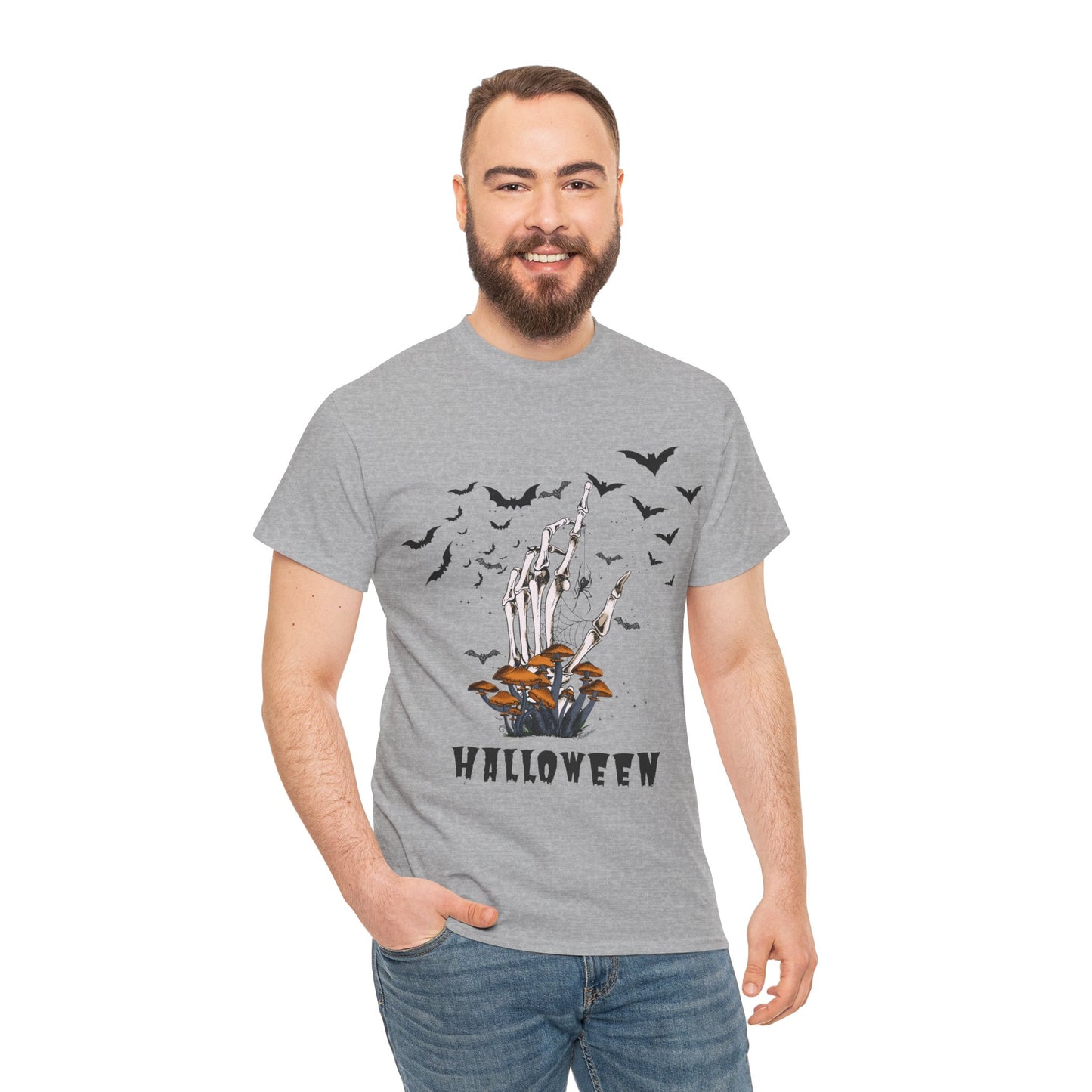 Halloween Scary Skeleton Hand and Bats, Unisex Cotton Tee