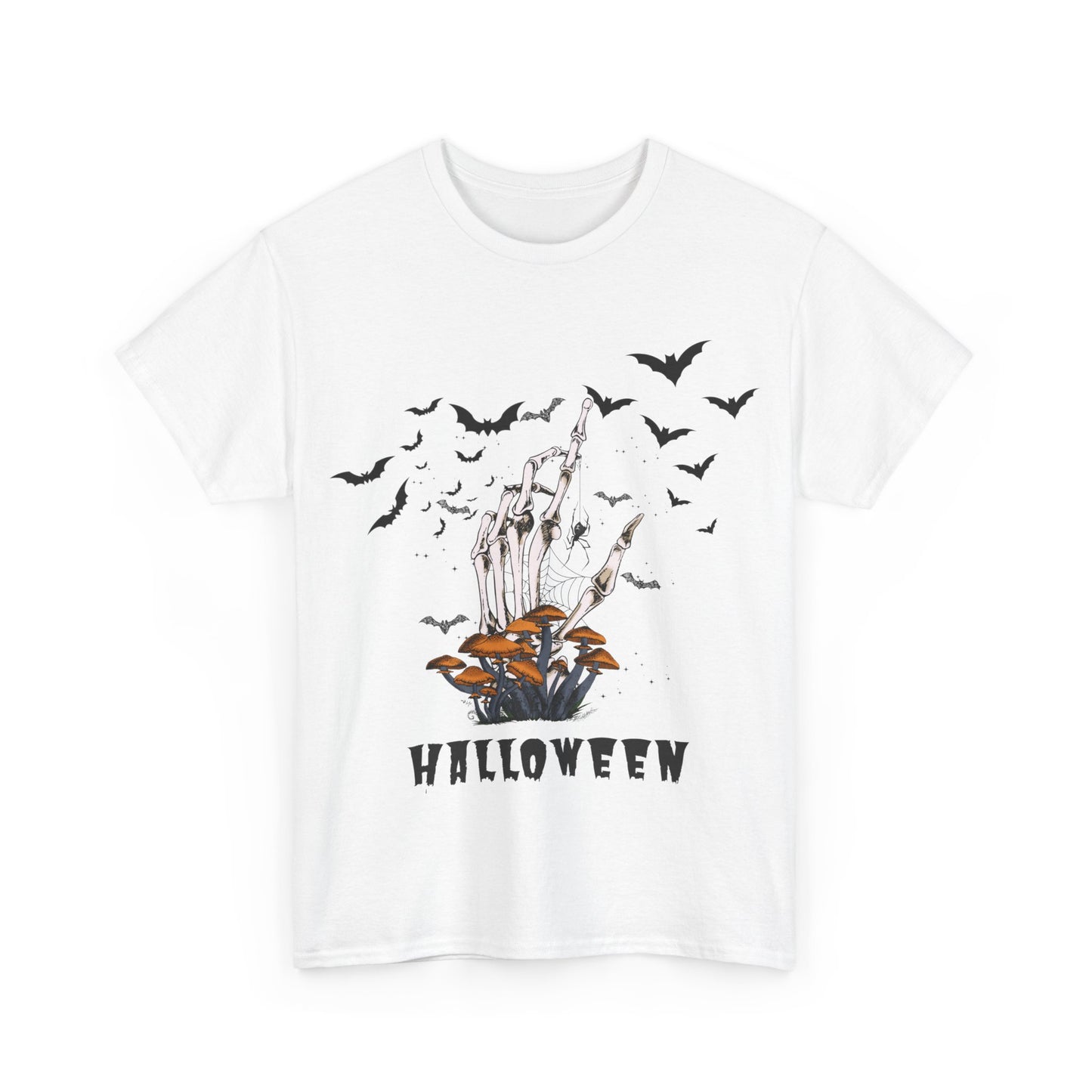 Halloween Scary Skeleton Hand and Bats, Unisex Cotton Tee
