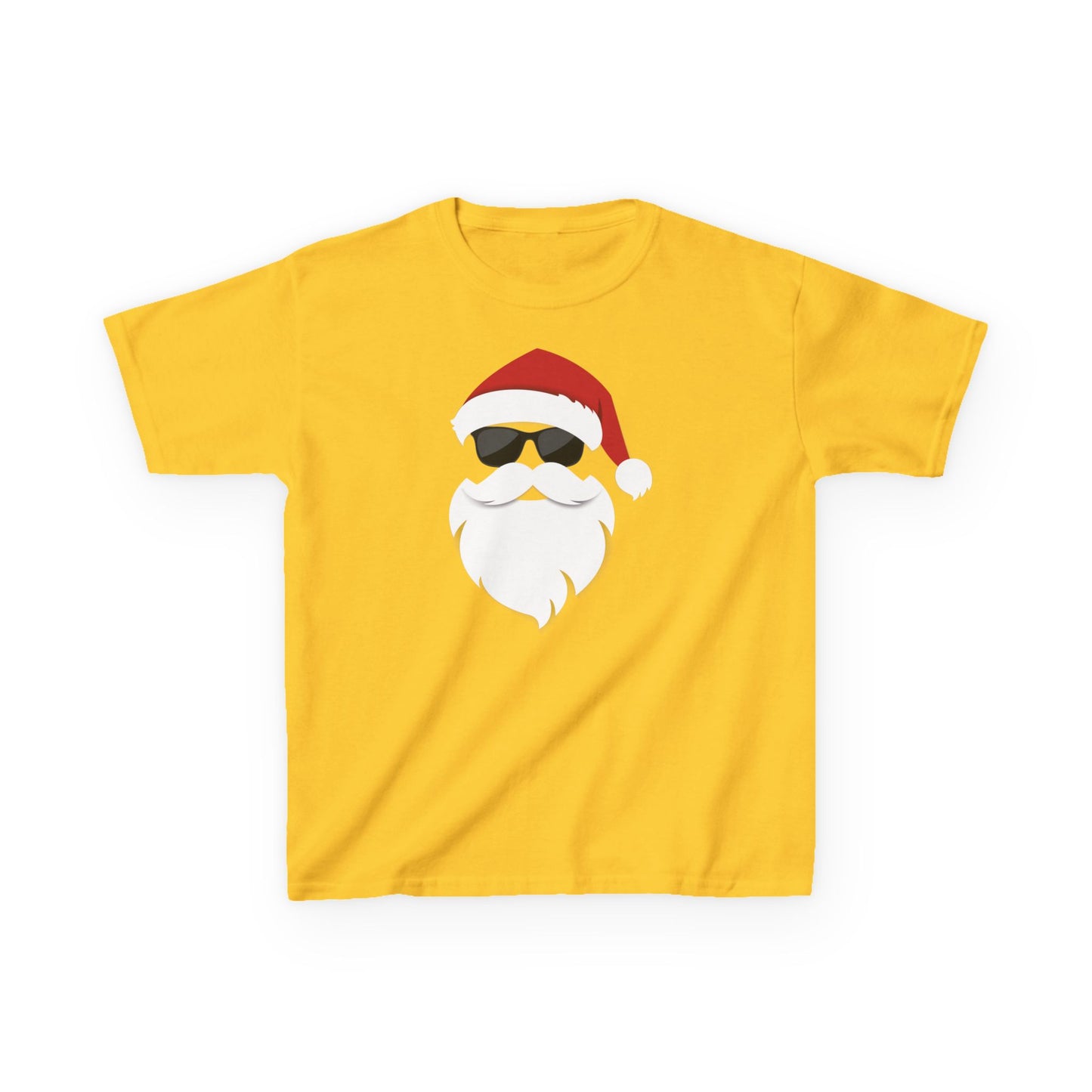 Yellow t-shirt with a graphic of Santa Claus wearing sunglasses on a white background
