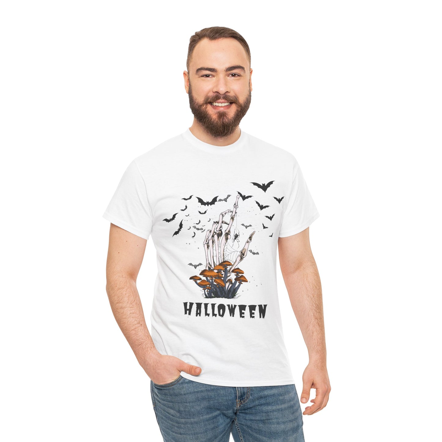 Halloween Scary Skeleton Hand and Bats, Unisex Cotton Tee