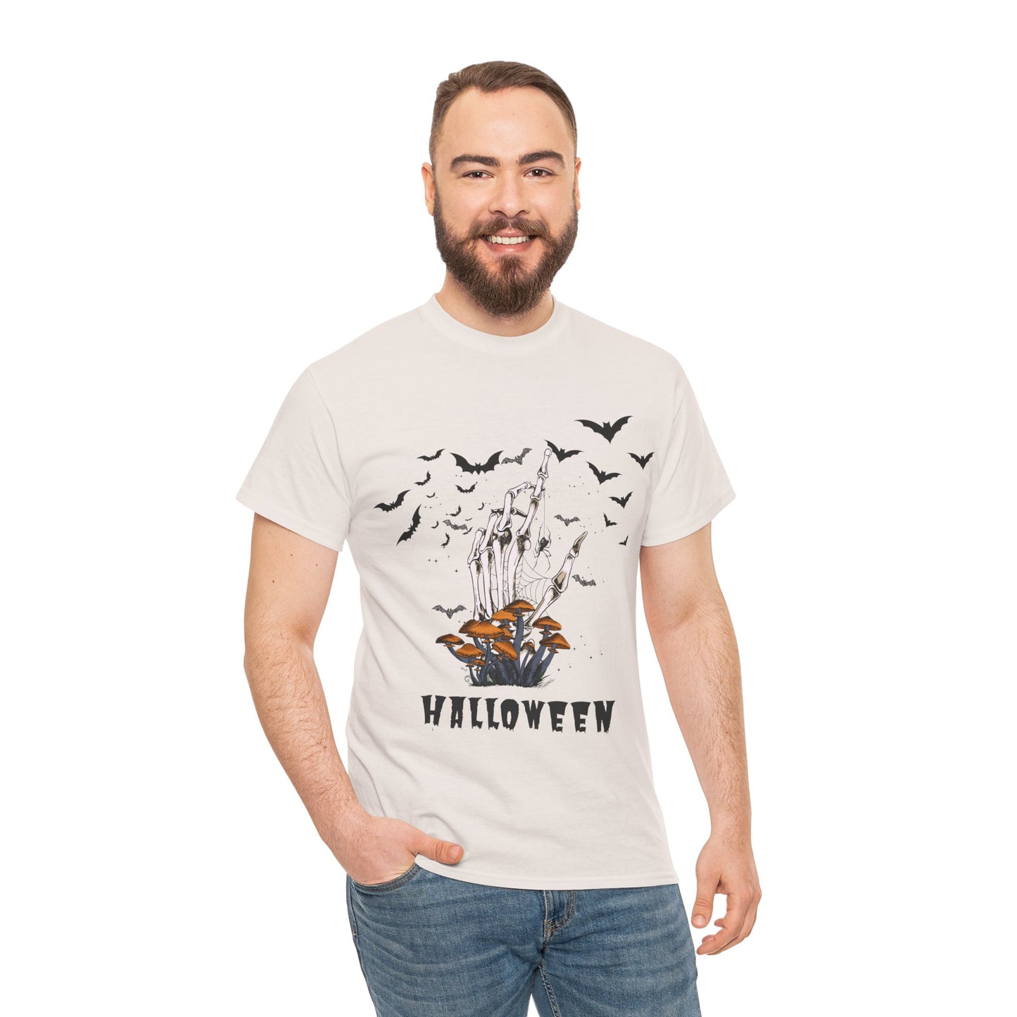 Halloween Scary Skeleton Hand and Bats, Unisex Cotton Tee