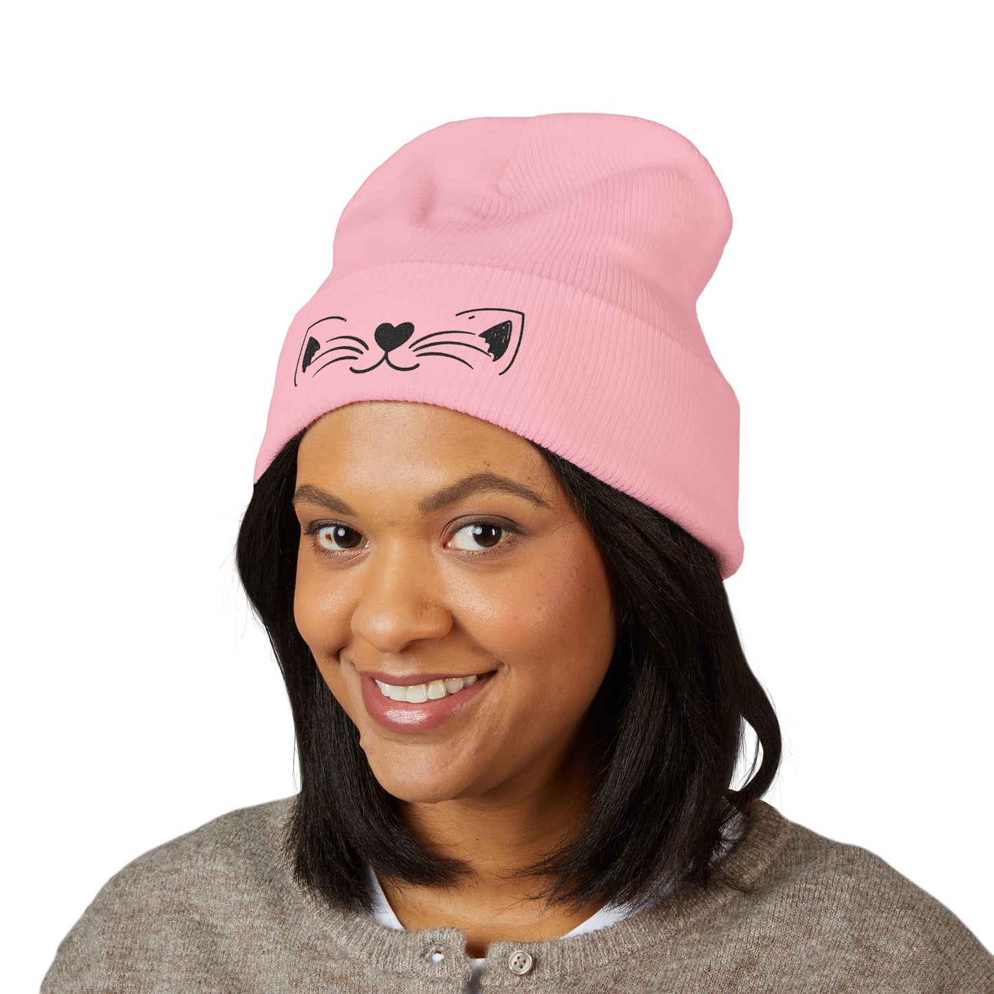 Cute Cat Embroidered Beanie - Classic Cuffed Hat for Pet Lovers, Winter Fashion, Gift for Her, Cozy & Stylish Accessory