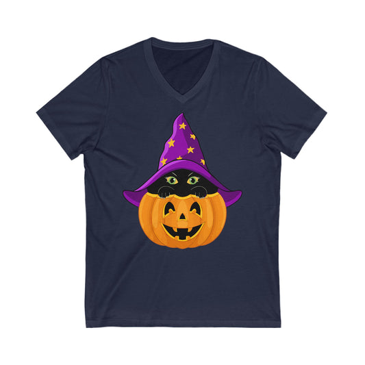 Halloween Witch Pumpkin and Something is Hiding -  V-Neck Tee