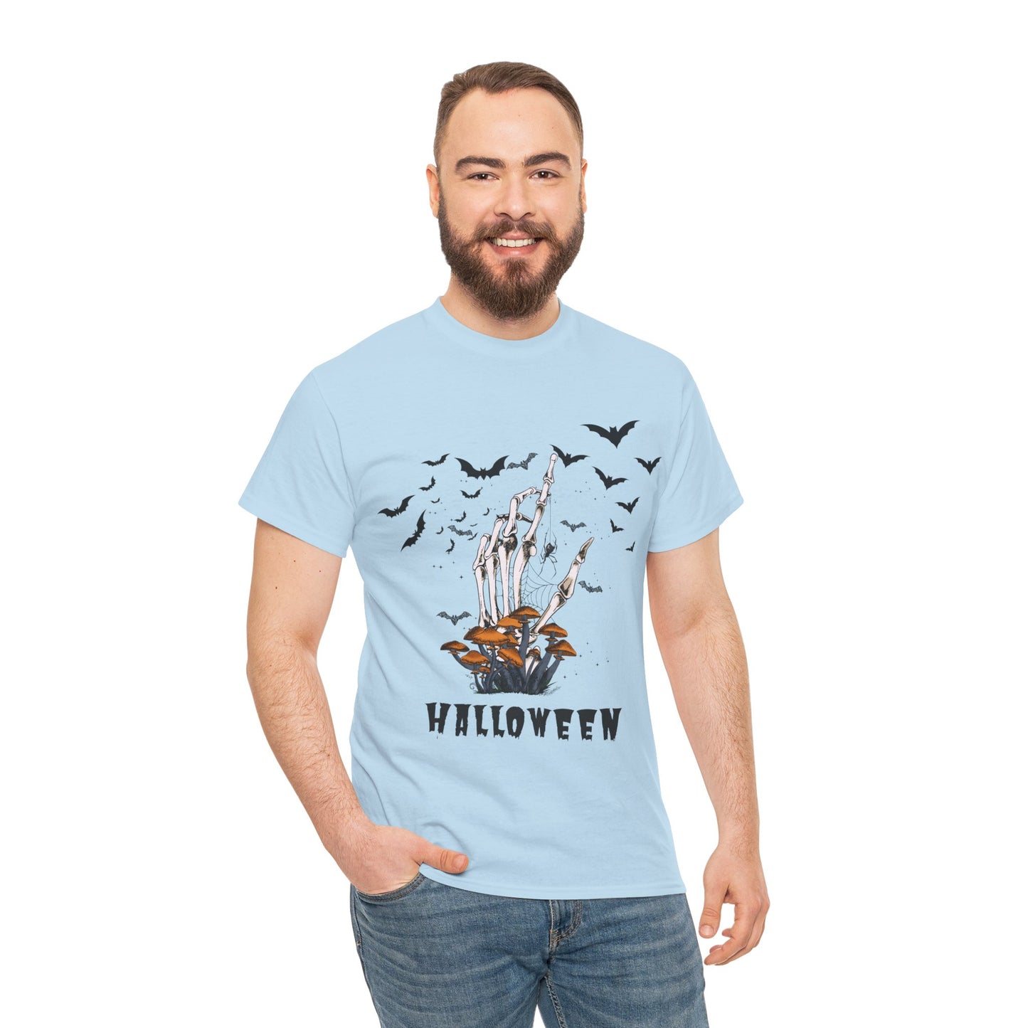 Halloween Scary Skeleton Hand and Bats, Unisex Cotton Tee