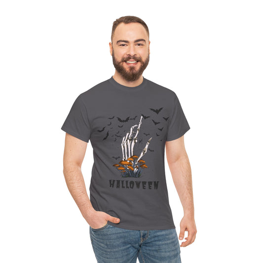 Halloween Scary Skeleton Hand and Bats, Unisex Cotton Tee
